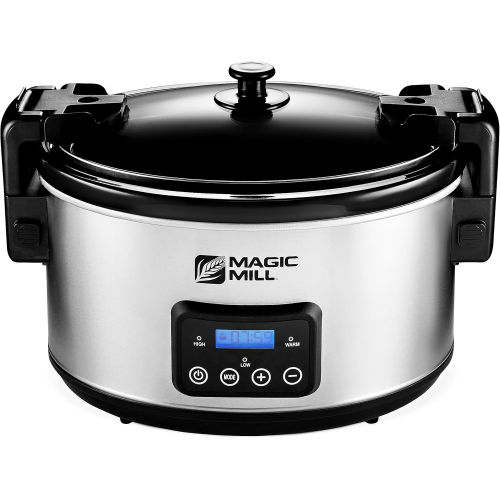  Magic Mill 8.5 Quart Slow Cooker Crock Pot, Digital Programmable, 20 Hour Timer, 3 Cooking Settings, Locking Lid for Easy Transport, Dishwasher Safe