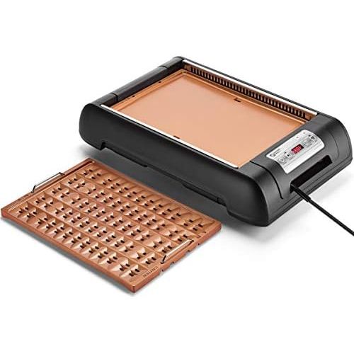  Magic Mill 2 in 1 Electric Smokeless Grill and Griddle Pan for Indoor BBQ in Your kitchen  Digital Temperature Control - Cooking Timer  Built in Fan for Smokeless Grilling