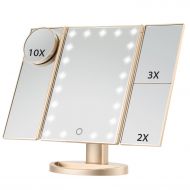 Magicfly Led Lighted Makeup Mirror, 10X 3X 2X 1X Magnifying Mirror 21 LED Tri-Fold Vanity Mirror with Touch Screen and 180° Adjustable Stand, Brightness Travel Beauty Mirror (Gold)