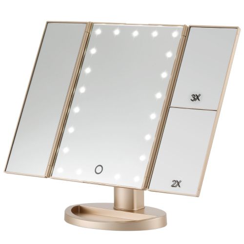  Magicfly Led Lighted Makeup Mirror, 10X 3X 2X 1X Magnifying Mirror 21 LED Tri-Fold Vanity Mirror with Touch Screen and 180° Adjustable Stand, Brightness Travel Beauty Mirror (Gold)