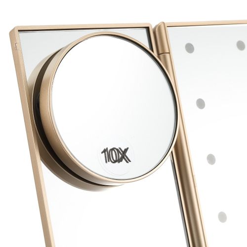  Magicfly Led Lighted Makeup Mirror, 10X 3X 2X 1X Magnifying Mirror 21 LED Tri-Fold Vanity Mirror with Touch Screen and 180° Adjustable Stand, Brightness Travel Beauty Mirror (Gold)