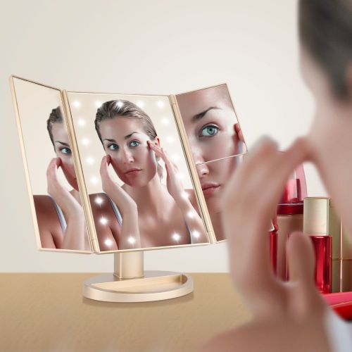  Magicfly Led Lighted Makeup Mirror, 10X 3X 2X 1X Magnifying Mirror 21 LED Tri-Fold Vanity Mirror with Touch Screen and 180° Adjustable Stand, Brightness Travel Beauty Mirror (Gold)