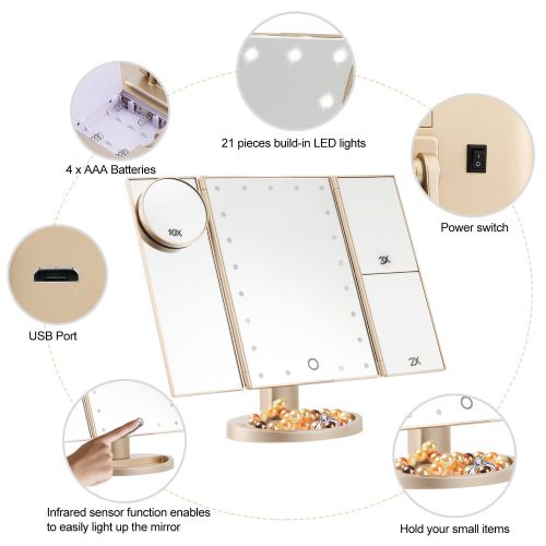  Magicfly Led Lighted Makeup Mirror, 10X 3X 2X 1X Magnifying Mirror 21 LED Tri-Fold Vanity Mirror with Touch Screen and 180° Adjustable Stand, Brightness Travel Beauty Mirror (Gold)