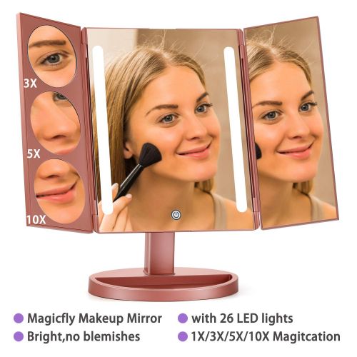  Magicfly Led Lighted Makeup Mirror, 10X 3X 2X 1X Magnifying Mirror 21 LED Tri-Fold Vanity Mirror with Touch Screen and 180° Adjustable Stand, Brightness Travel Beauty Mirror (Gold)