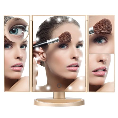  Magicfly Led Lighted Makeup Mirror, 10X 3X 2X 1X Magnifying Mirror 21 LED Tri-Fold Vanity Mirror with Touch Screen and 180° Adjustable Stand, Brightness Travel Beauty Mirror (Gold)