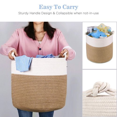  Magicfly Cotton Rope Laundry Baskets, 15 X 15 X 14 Inch Large Tall Baby Nursery Organizer, Toys and Baby Woven Storage Blankets Basket in Living Room, Baby Nursery and Kids Room, B