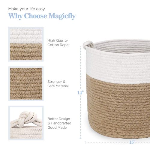  Magicfly Cotton Rope Laundry Baskets, 15 X 15 X 14 Inch Large Tall Baby Nursery Organizer, Toys and Baby Woven Storage Blankets Basket in Living Room, Baby Nursery and Kids Room, B