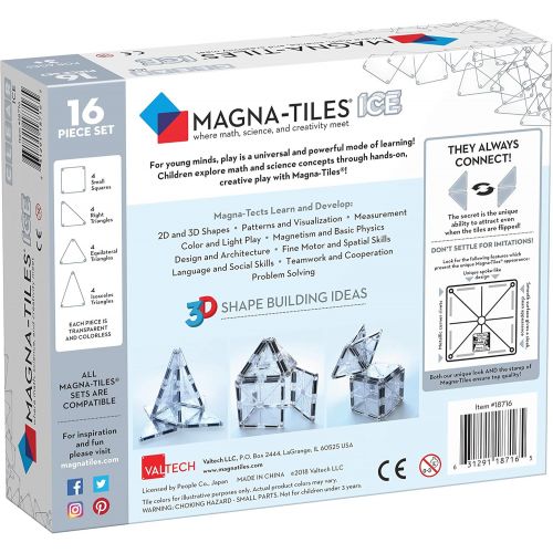  Magna-Tiles 18716 16Piece Ice Set, The Original, Award-Winning Magnetic Building Tiles, Creativity & Educational, Stem Approved, Translucent