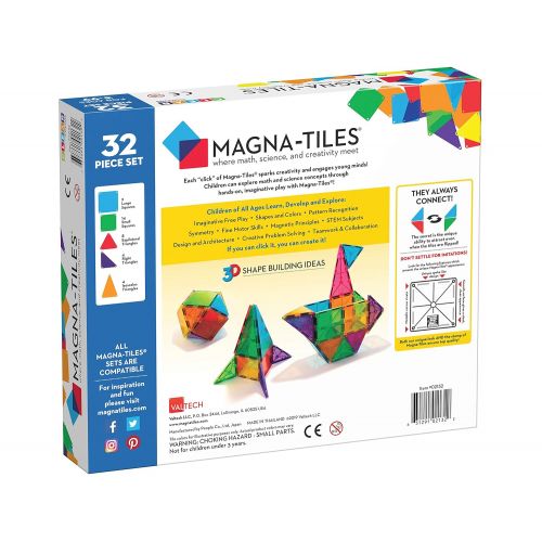  Magna-Tiles 32-Piece Clear Colors Set, The Original, Award-Winning Magnetic Building Tiles for Kids, Creativity and Educational Building Toys for Children, STEM Approved