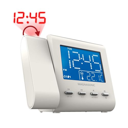  Magnasonic Projection Alarm Clock with AM/FM Radio, Battery Backup, Auto Time Set, Dual Alarm, Nap/Sleep Timer, Indoor Temperature/Date Display with Dimming & 3.5mm Audio Input - W