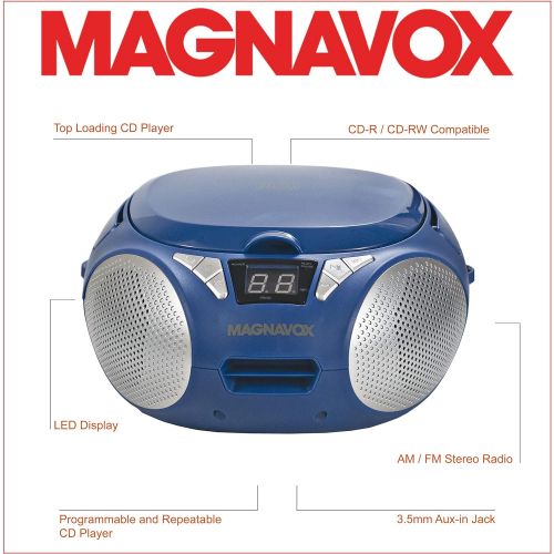  [아마존베스트]MAGNAVOX MD6924-BL Portable Top Loading CD Boombox with AM/FM Stereo Radio in Blue | CD-R/CD-RW Compatible | LED Display | AUX Port Supported | Programmable CD Player |