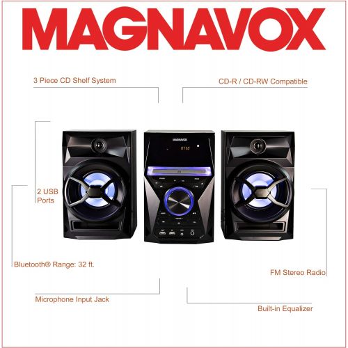  [아마존베스트]Magnavox MM441 3-Piece CD Shelf System with Digital PLL FM Stereo Radio, Bluetooth Wireless Technology, and Remote Control in Black | Blue Colored Speaker Lights | LED Display | AU