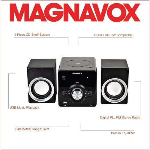  [아마존베스트]Magnavox MM442 3-Piece Top Loading CD Shelf System with Digital PLL FM Stereo Radio, Bluetooth Wireless Technology, and Remote Control in Black | Blue Lights | LED Display | AUX Po