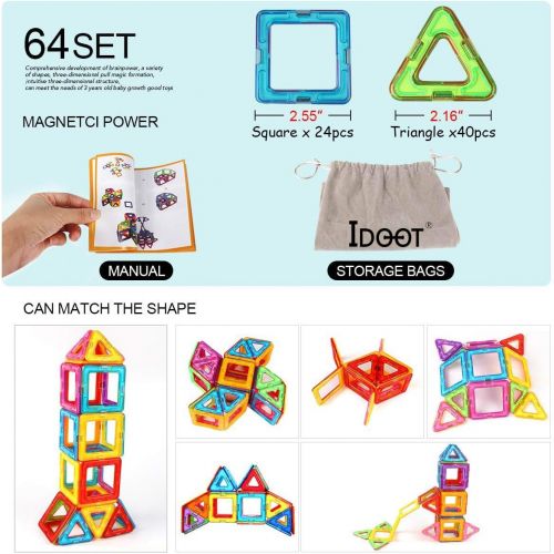  [아마존 핫딜]  [아마존핫딜]Idoot idoot Magnetic Tiles Building Blocks Set Educational Toys for Kids with Storage Bag - 64Pcs