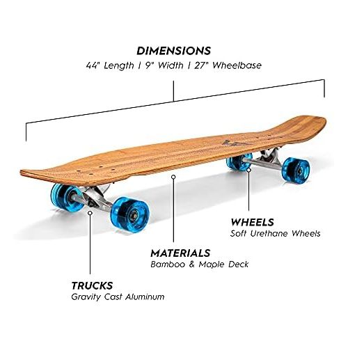  Magneto 44 inch Kicktail Cruiser Longboard Skateboard Bamboo and Hard Maple Deck Cruising, Carving, Dancing, Free-Style Tricks Made for Beginners Teens Adults Men Women Designed in