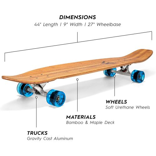  Magneto 44 inch Kicktail Cruiser Longboard Skateboard Bamboo and Hard Maple Deck Cruising, Carving, Dancing, Free-Style Tricks Made for Beginners Teens Adults Men Women Designed in