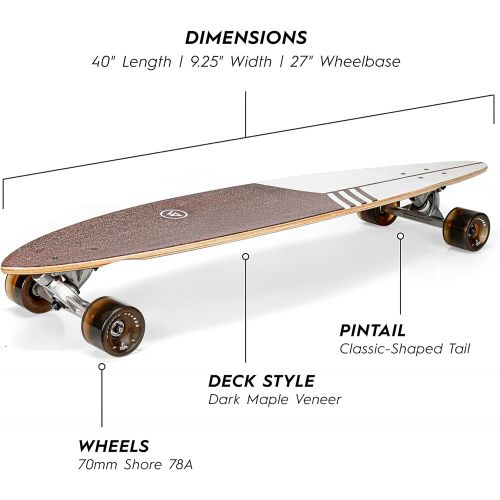  Magneto 40 Inch Pintail Longboard Skateboard Top Mount Dark Stained Hard Maple Core Long Board Deck Cruiser Skateboards, Carver, Freestyle Skateboard for Adults Teenagers Men Women