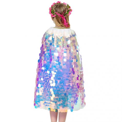  Magogo Cloak for Girls, Shiny Mermaid Sequins Costume, Princess Cosplay Fancy Dress Carnival Party Outfit Cape Robe Outwear