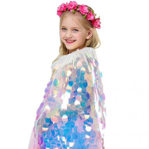  Magogo Cloak for Girls, Shiny Mermaid Sequins Costume, Princess Cosplay Fancy Dress Carnival Party Outfit Cape Robe Outwear