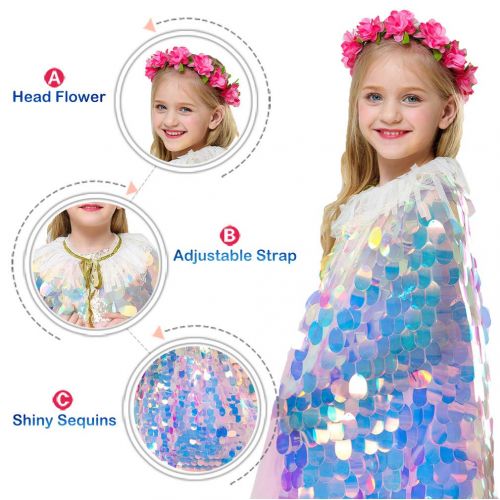  Magogo Cloak for Girls, Shiny Mermaid Sequins Costume, Princess Cosplay Fancy Dress Carnival Party Outfit Cape Robe Outwear