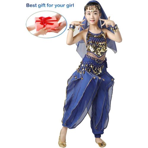  Magogo Girls Belly Dance Costume 6pcs Kit, Kids Arabian Princess Chiffon Clothes Indian Dance Performance Outfit