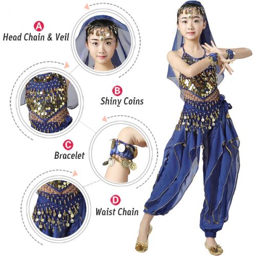  Magogo Girls Belly Dance Costume 6pcs Kit, Kids Arabian Princess Chiffon Clothes Indian Dance Performance Outfit