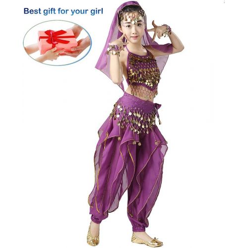  Magogo Girls Belly Dance Costume 6pcs Kit, Kids Arabian Princess Chiffon Clothes Indian Dance Performance Outfit