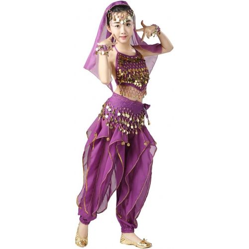  Magogo Girls Belly Dance Costume 6pcs Kit, Kids Arabian Princess Chiffon Clothes Indian Dance Performance Outfit