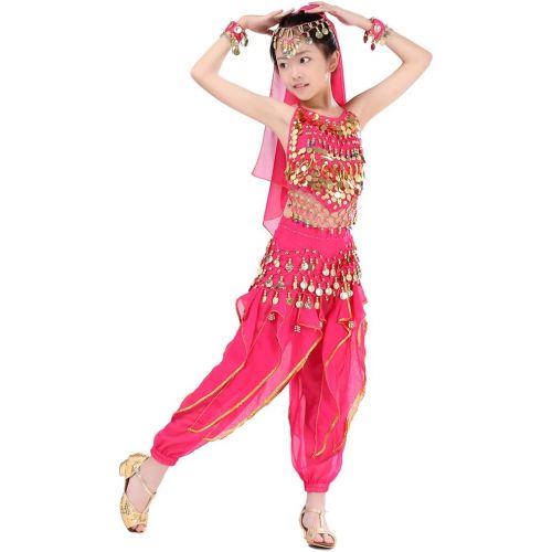  Magogo Girls Belly Dance Costume 6pcs Kit, Kids Arabian Princess Chiffon Clothes Indian Dance Performance Outfit