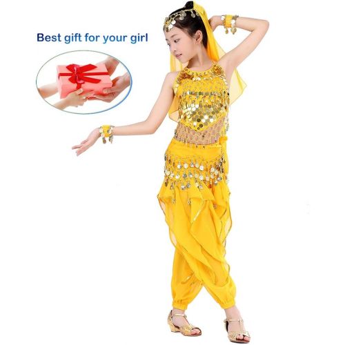  Magogo Girls Belly Dance Costume 6pcs Kit, Kids Arabian Princess Chiffon Clothes Indian Dance Performance Outfit