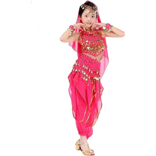  Magogo Girls Belly Dance Costume 6pcs Kit, Kids Arabian Princess Chiffon Clothes Indian Dance Performance Outfit