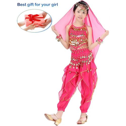  Magogo Girls Belly Dance Costume 6pcs Kit, Kids Arabian Princess Chiffon Clothes Indian Dance Performance Outfit