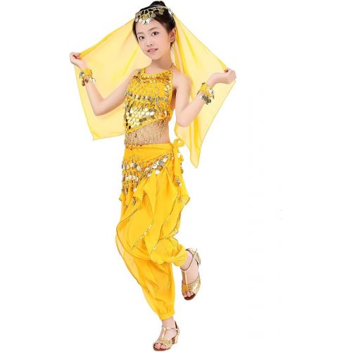  Magogo Girls Belly Dance Costume 6pcs Kit, Kids Arabian Princess Chiffon Clothes Indian Dance Performance Outfit