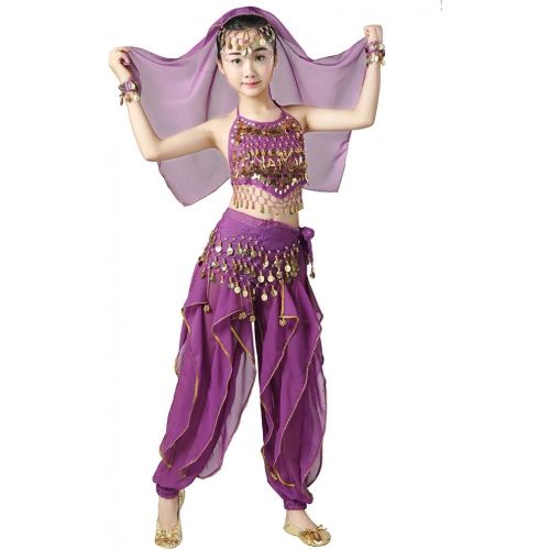  Magogo Girls Belly Dance Costume 6pcs Kit, Kids Arabian Princess Chiffon Clothes Indian Dance Performance Outfit