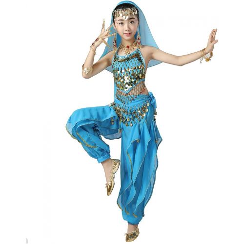 Magogo Girls Belly Dance Costume 6pcs Kit, Kids Arabian Princess Chiffon Clothes Indian Dance Performance Outfit