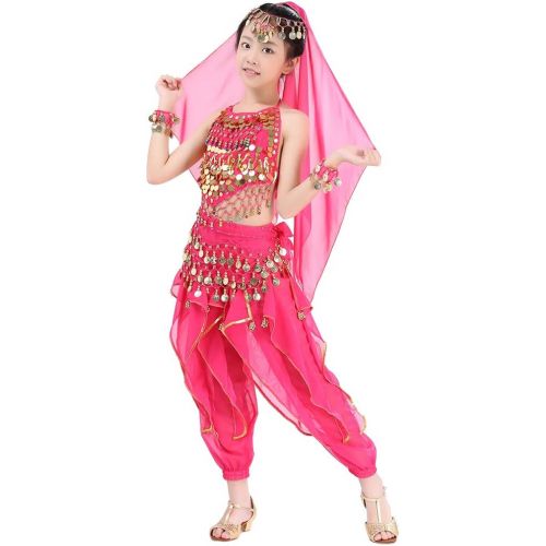  Magogo Girls Belly Dance Costume 6pcs Kit, Kids Arabian Princess Chiffon Clothes Indian Dance Performance Outfit