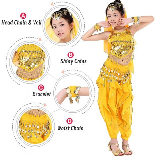  Magogo Girls Belly Dance Costume 6pcs Kit, Kids Arabian Princess Chiffon Clothes Indian Dance Performance Outfit