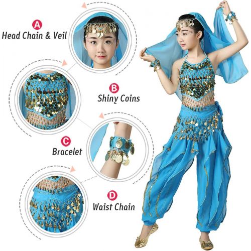  Magogo Girls Belly Dance Costume 6pcs Kit, Kids Arabian Princess Chiffon Clothes Indian Dance Performance Outfit