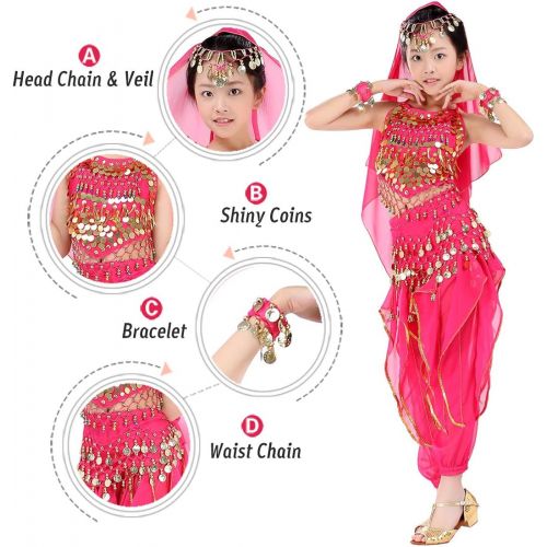  Magogo Girls Belly Dance Costume 6pcs Kit, Kids Arabian Princess Chiffon Clothes Indian Dance Performance Outfit