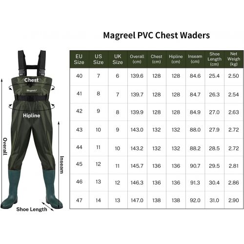  [아마존베스트]Magreel Waders Fishing Trousers with Boots Watts Fish Pond Rubber PVC Nylon for Men Size 40-47