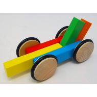 Magz Wooden Magnetic car containing 4 Magnetic Wooden Wheels and 5 Magnetic Wooden Blocks