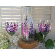 /Mainelypetportraits Lupine painted glass, Maine flower, Wine glasses, Carafe hand painted