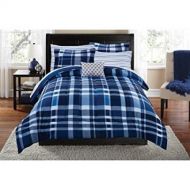 Mainstays Teen Cozy Soft Plaid Stripes Navy Bedding Full Comforter for Boys (8 Piece in a Bag)