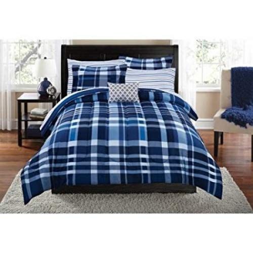  Mainstays Teen Cozy Soft Plaid Stripes Navy Bedding Full Comforter for Boys (8 Piece in a Bag)