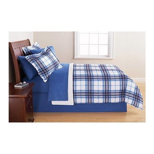  Mainstay Bedding Set Complete 6pc Boy Blue Plaid College Dorm Reversible Full Comforter and Bedding Set