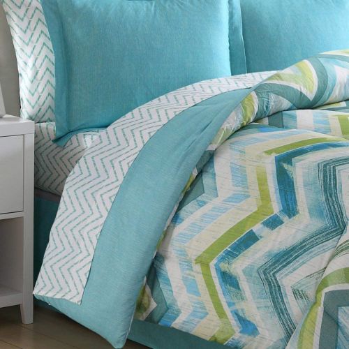  Mainstays OSD 8pc Light Blue Lime Green White Girls Chevron Theme Comforter Set Full Sized, Modern Girly Zig Zag V Shaped Themed Pattern, Chic Stylish Horizontal Zigzag Stripe Bedding