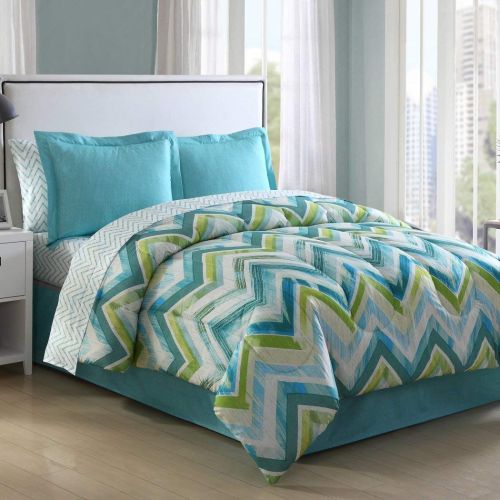  Mainstays OSD 8pc Light Blue Lime Green White Girls Chevron Theme Comforter Set Full Sized, Modern Girly Zig Zag V Shaped Themed Pattern, Chic Stylish Horizontal Zigzag Stripe Bedding