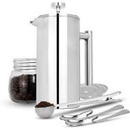 Maison & White Franzoesisch Presse Cafetiere | Edelstahl Kaffeepresse Maker | KOSTENLOSE Extra Filter / Messloeffel / Beutelklammer | Doppelwandige Isolierung | 7er Kaffee Geschenkse