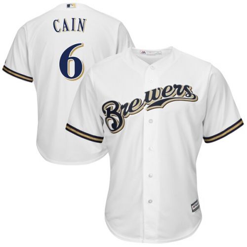  Men's Milwaukee Brewers Lorenzo Cain Majestic White Official Cool Base Player Jersey