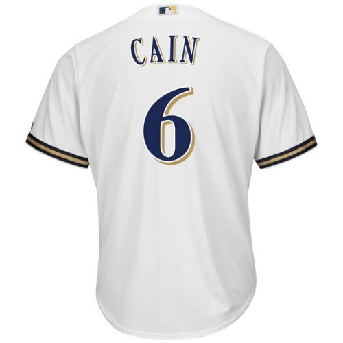  Men's Milwaukee Brewers Lorenzo Cain Majestic White Official Cool Base Player Jersey